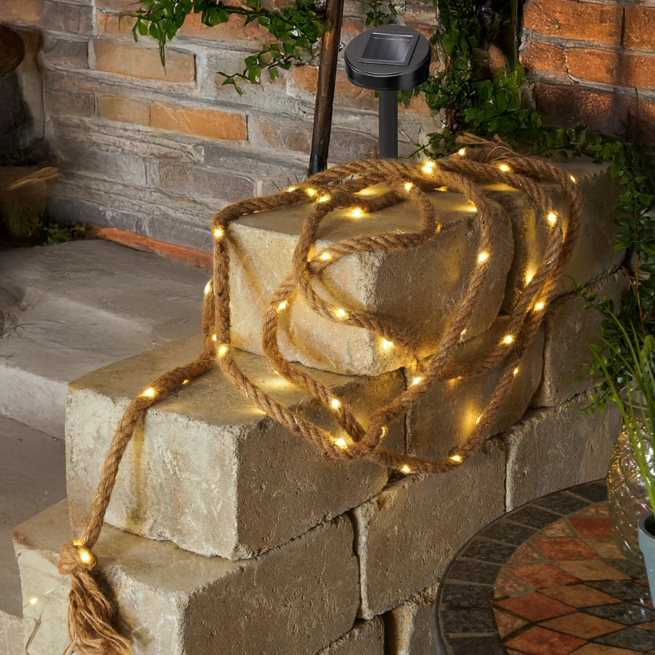 Beleuchtetes Juteseil mit eingearbeiteter Solar Lichterkette