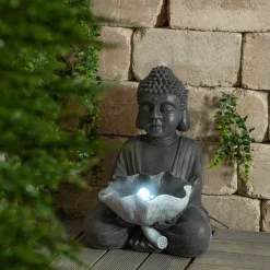 Solarbrunnen Buddha mit Lotusblatt und LED Licht