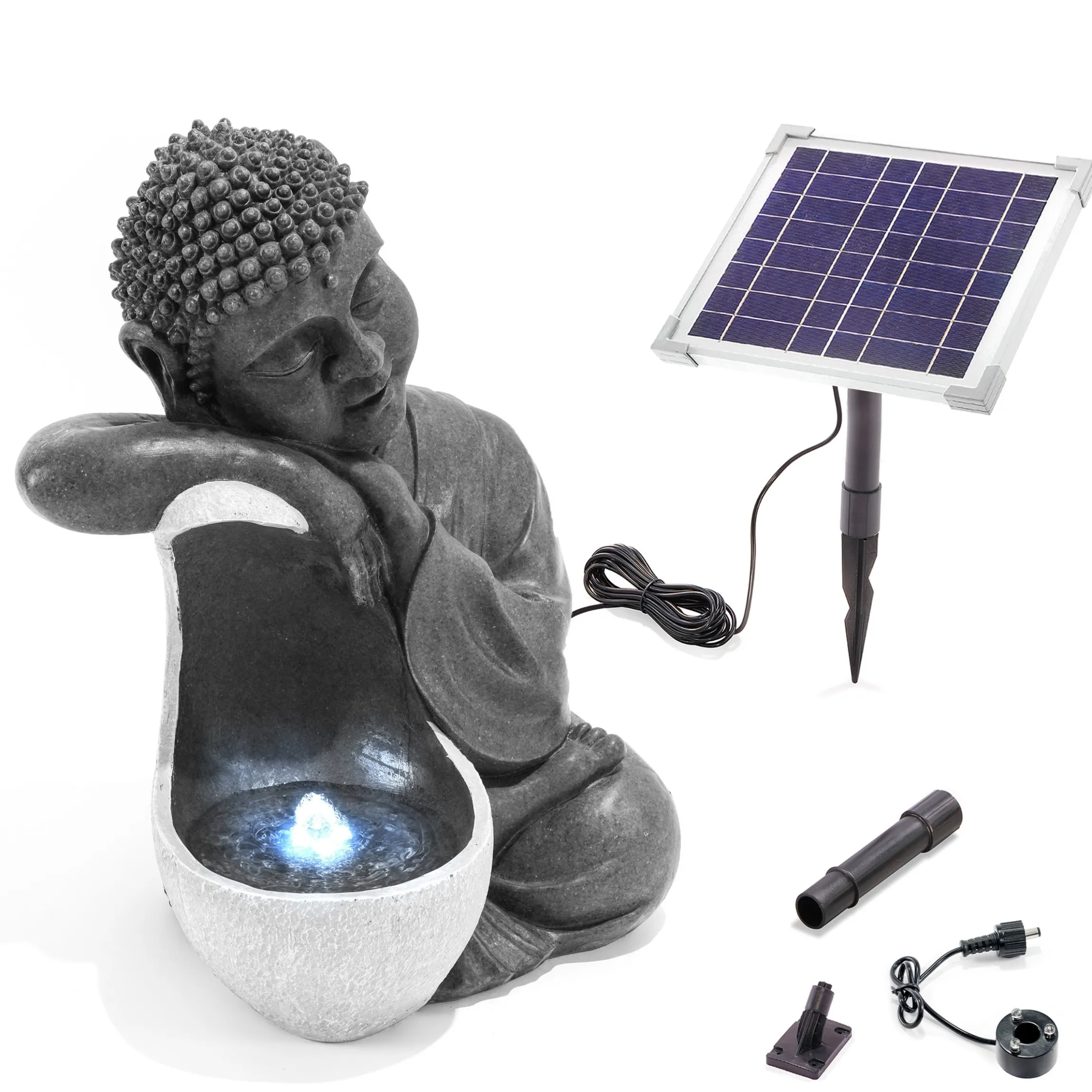 Solarbrunnen Buddha ruhend mit beleuchteter Wasserquelle