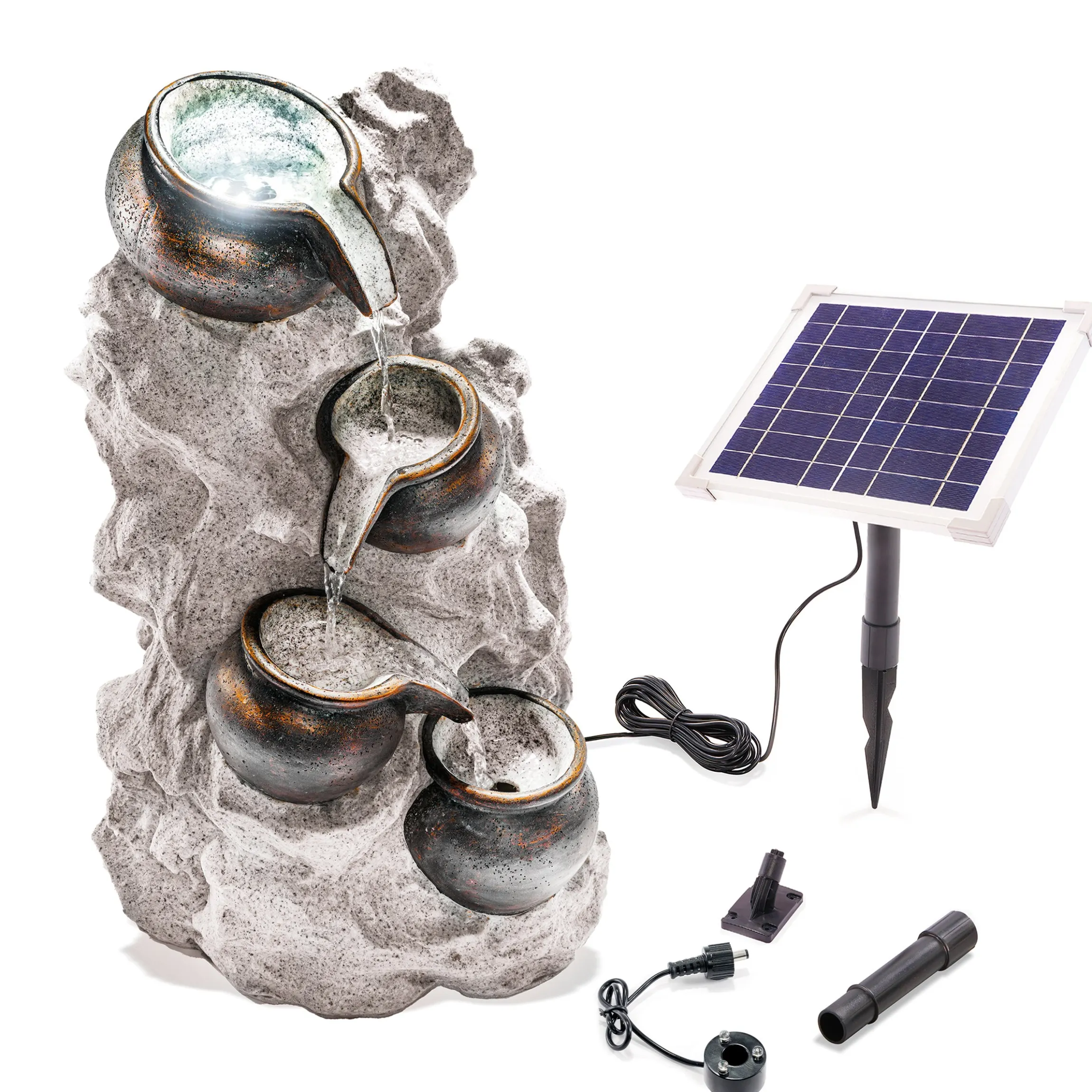 Solar Fels-Kaskadenbrunnen hell mit LED-Beleuchtung