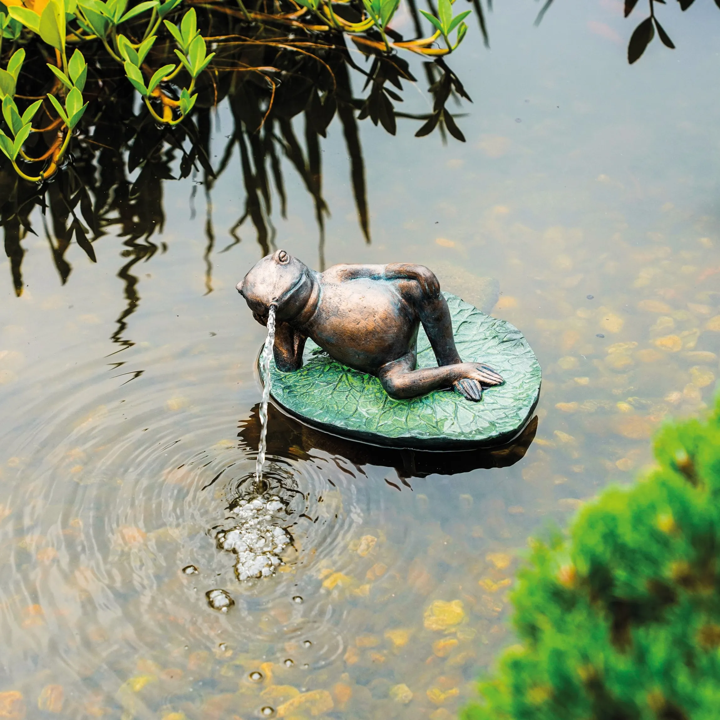 Solar Wasserspeier-Set Frosch seitlich liegend auf Seerose